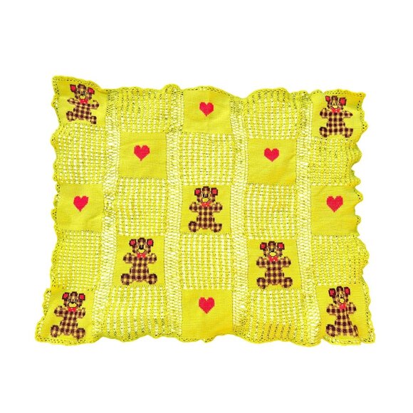 Vintage Handmade Crochet Baby Blanket Yellow With Brown Teddy & Heart Pattern - Picture 1 of 7